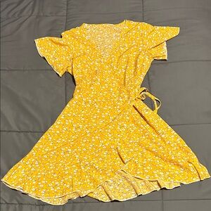 SHEIN Yellow Floral Wrap Mini Dress